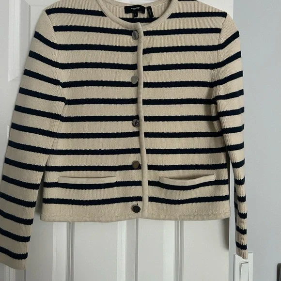 Theory Classic Cream and Blue Knit Cardigan - Picture 1 of 13